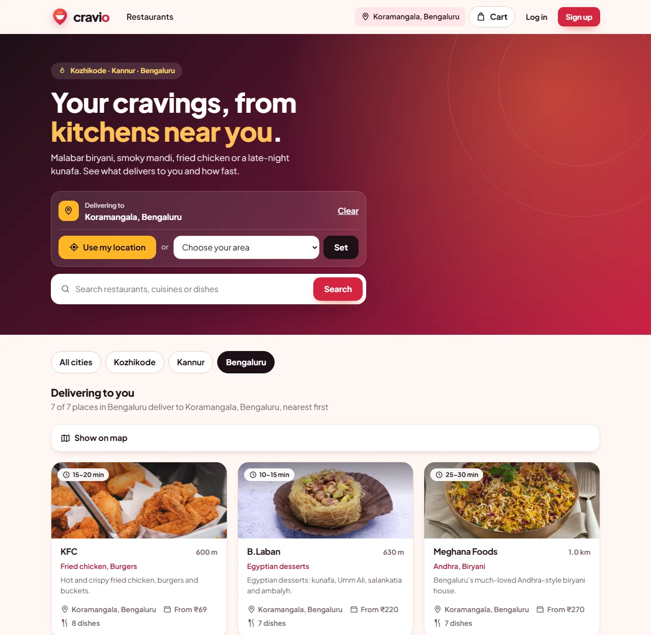 Cravio home page: restaurants that deliver to you, nearest first, each with a delivery time.