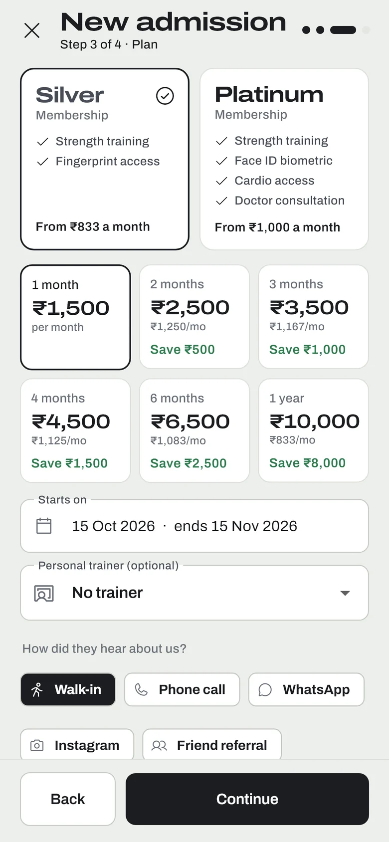 Admission step with Silver and Platinum plans and durations with savings.