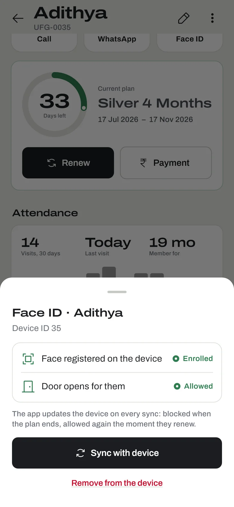 Face ID sheet for a demo member: face registered on the door terminal and the door allowed.